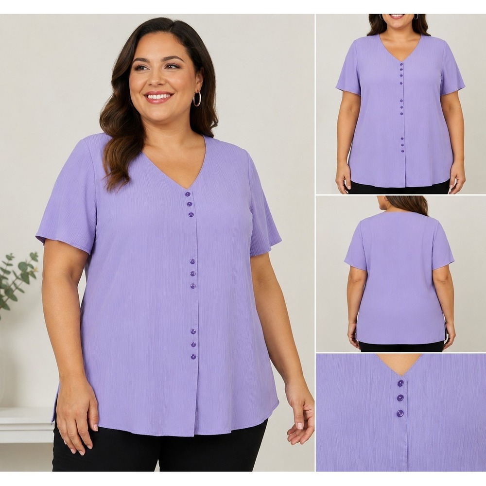 Bentley Plus Women's 20W Lavender Textured Blouse Short Sleeve V-Neck Button Top